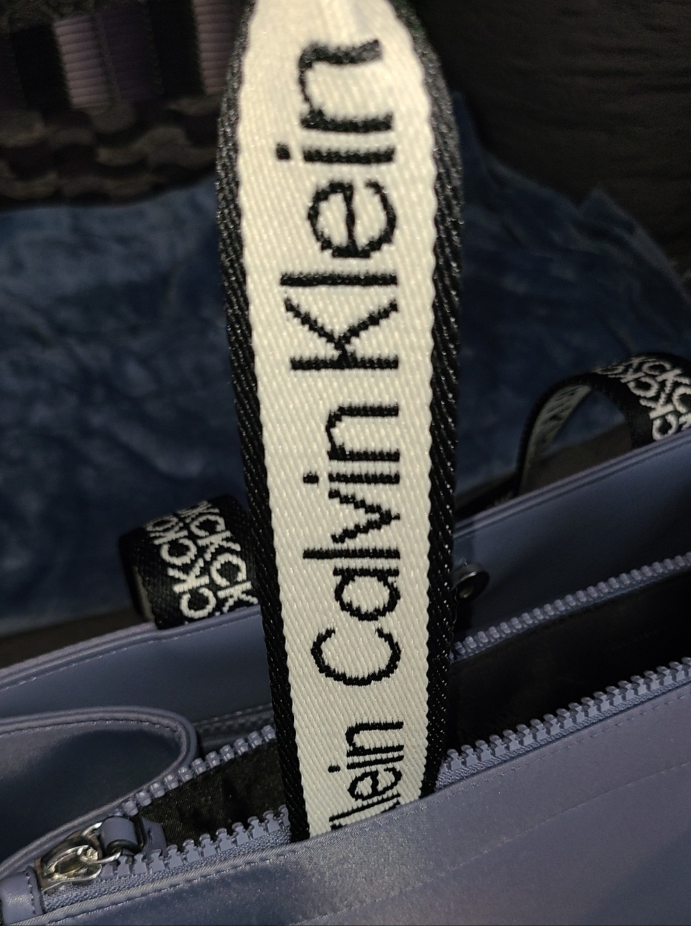 NWT! Calvin Klein Dusty Blue Tote with Branded White & Black Straps - Picture 12 of 13